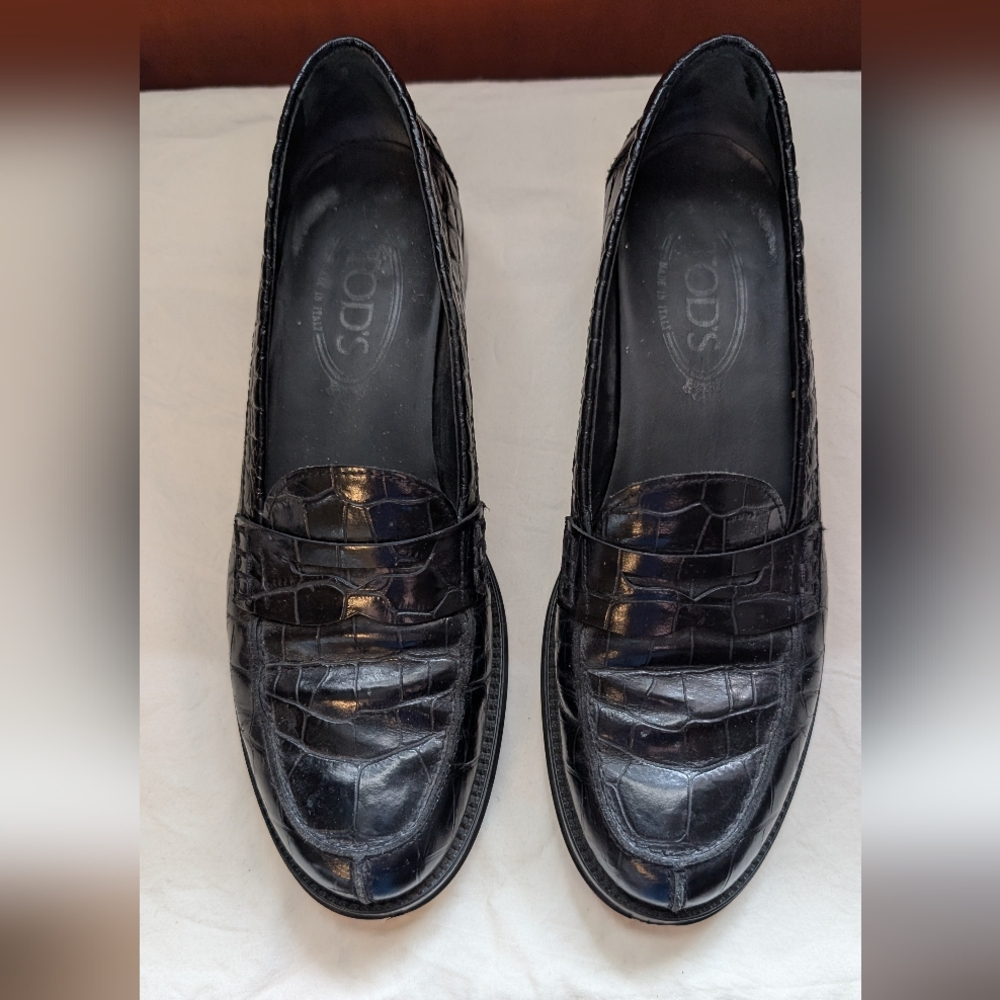 Tod's Black Croc-Embossed Leather Penny Loafers - Size 38.5